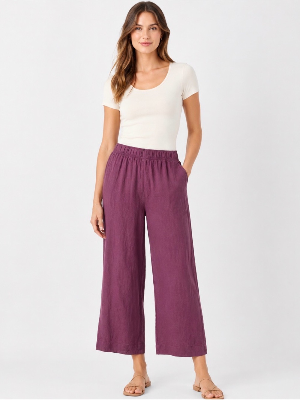 NWT Tahari Essentials 100% Linen Wide Leg Pants Plum M